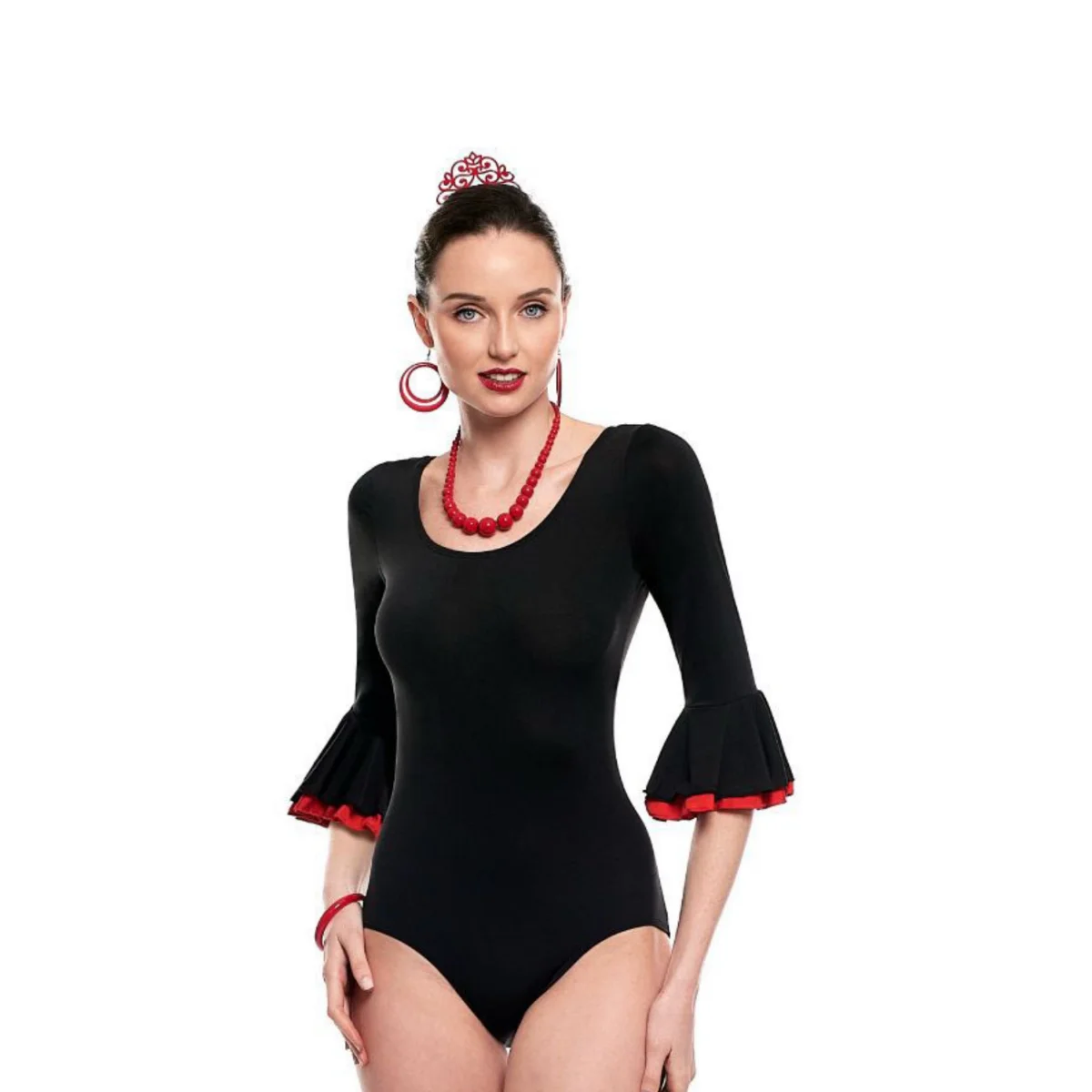Body de licra para danza flamenca o sevillanas. Doble volante en la manga. Tejido elástico y de calidad.