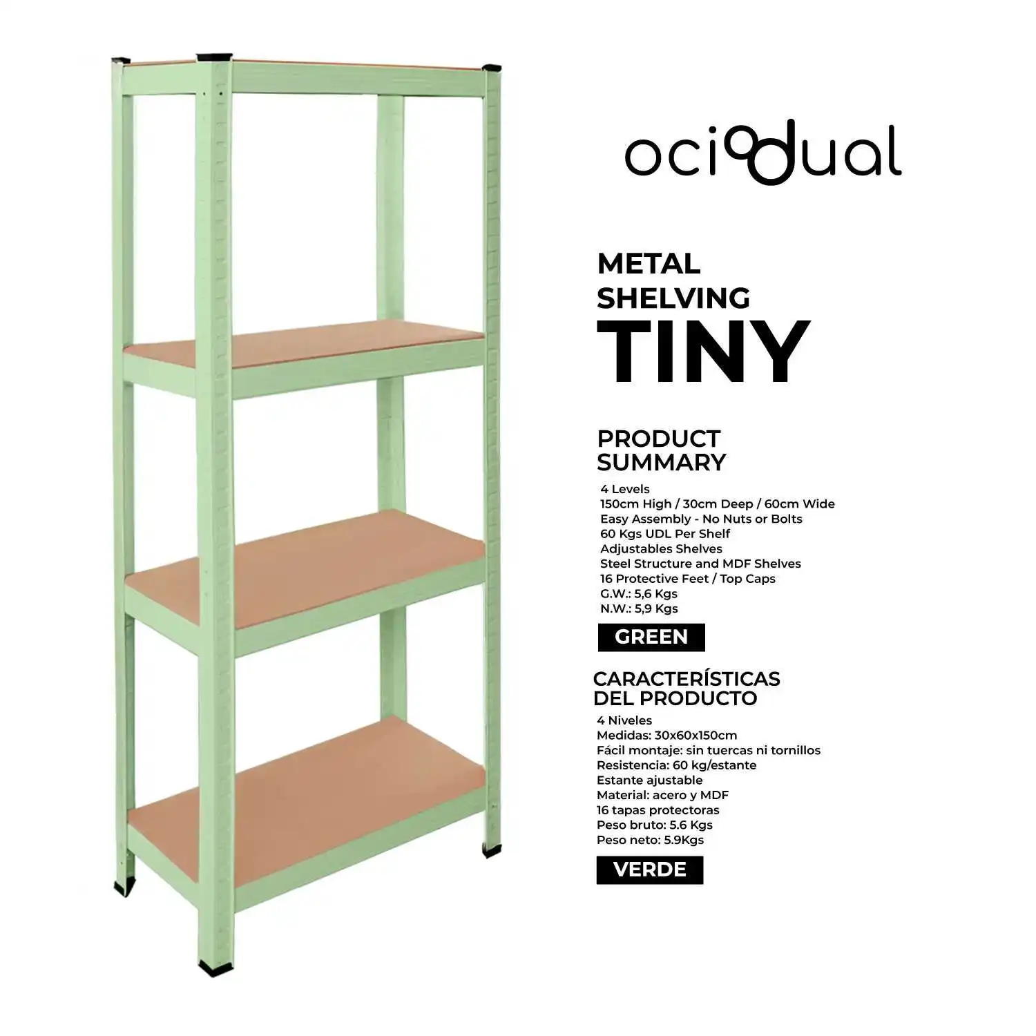 OioDual Metal Shelf Tiny Green Shelf for Home Storage Rack Storage Rack, Furniture, Office, Divisible Storage Shelves, Screwless, 240kg, 4 shelves MDF, 150x60x30cm
