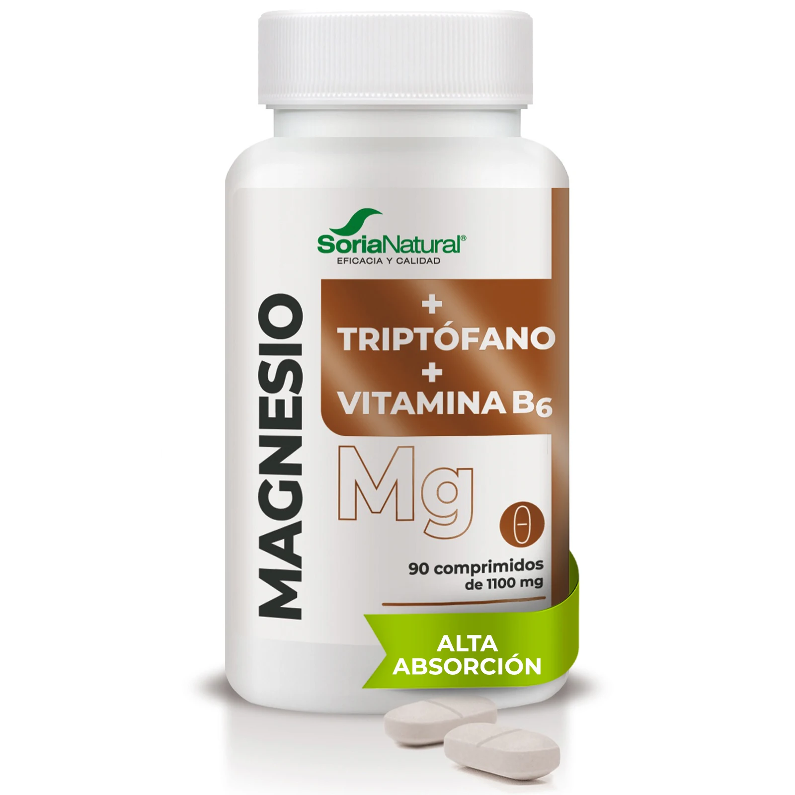 Soria Natural Magnesio + Triptófano + Vitamina B6 de ALTA ABSORCIÓN - Complemento Alimenticio para Estrés y Estado de Ánimo - Energía, Relajación y Bienestar Mental - 90 comprimidos