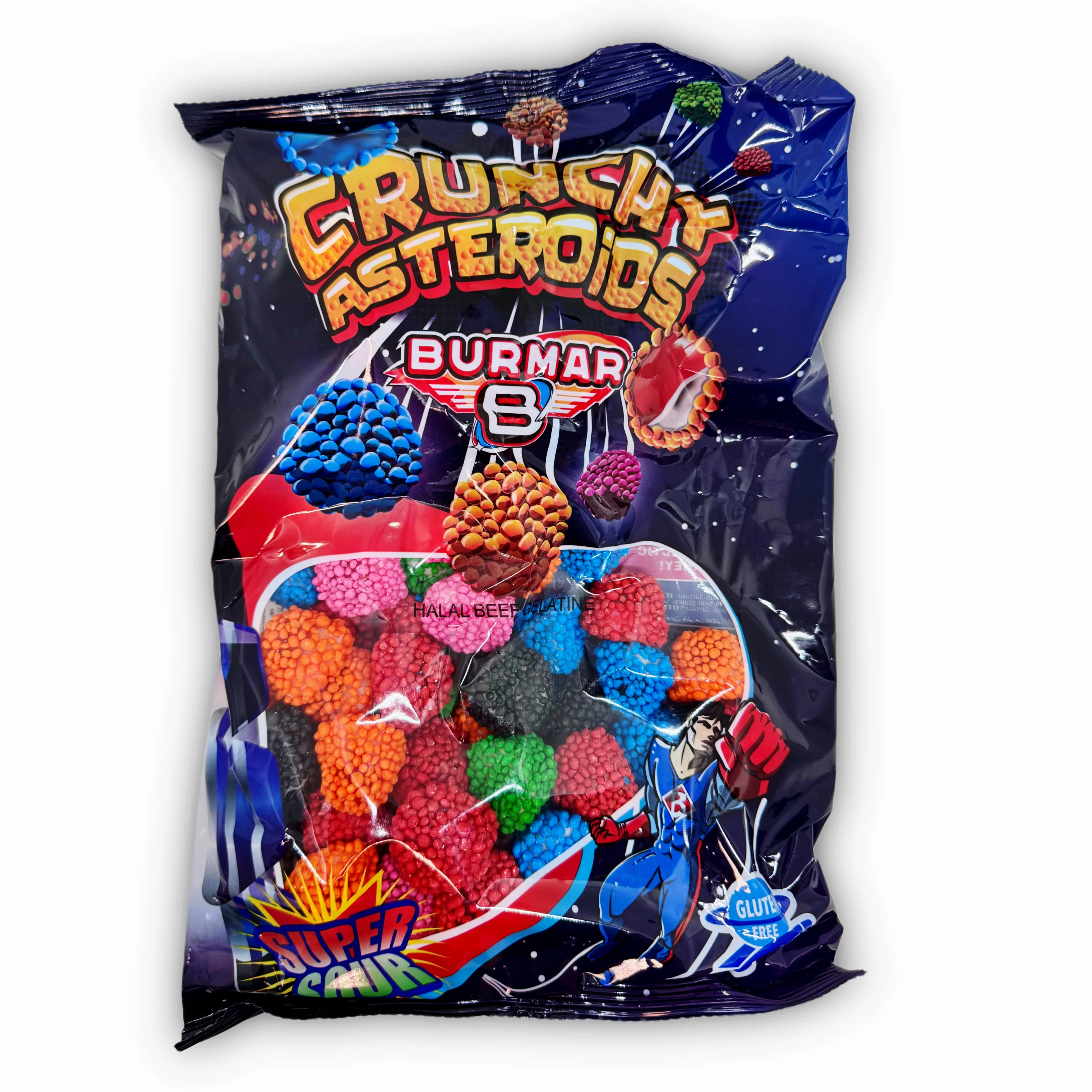 Crunchy Asteroids Burmar – Bolsa 1 kg Deliciosos caramelos de goma con cobertura crujiente. Explosión de sabor y textura en cada bocado. Bolsa de 1 kilo perfecta para tiendas, celebraciones, buffets o vending. ¡Un clásico que nunca falla!