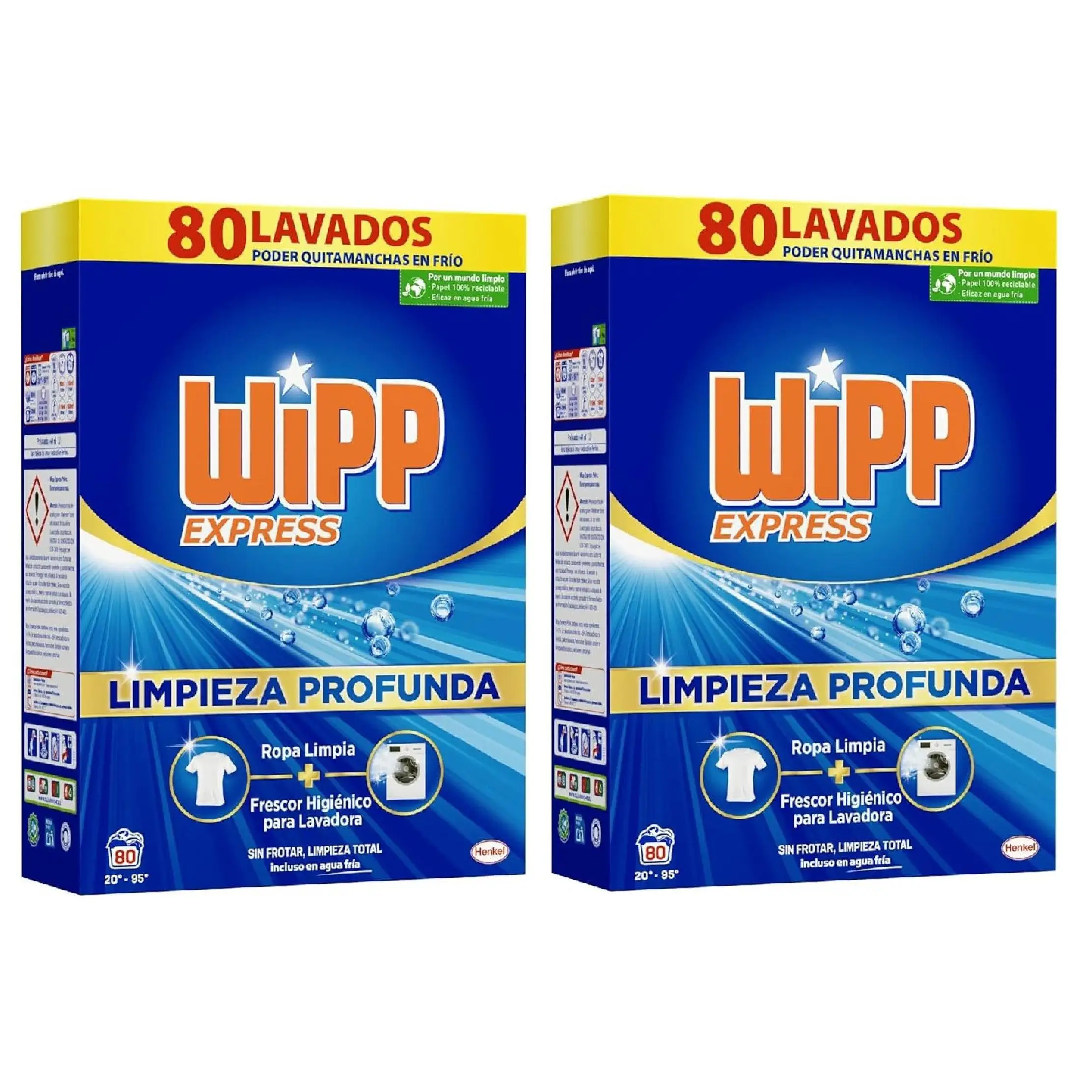 Wipp Express Limpieza Profunda Pack2 (80+80 lavados), detergente en polvo quitamanchas, para lavadora