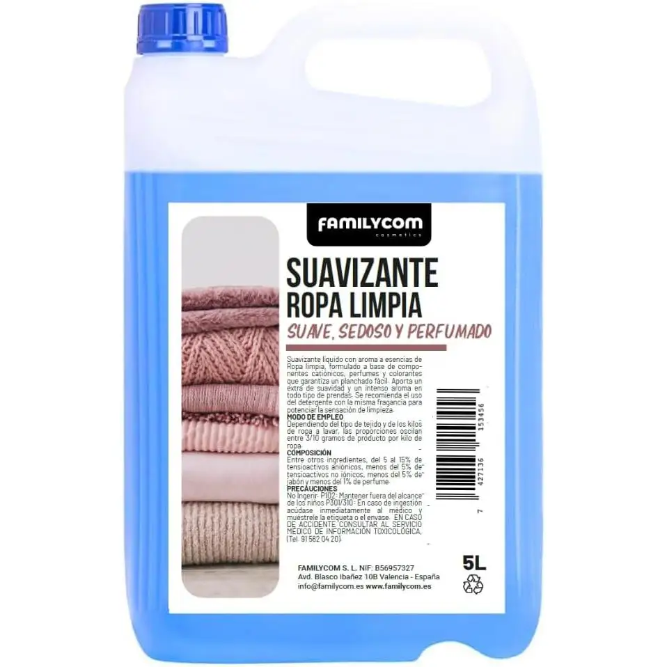 FAMILYCOM. Suavizante Ropa Limpia - Suavizante Concentrado para la Ropa - Frescor intenso y duradero - 217 lavados - 5 litros