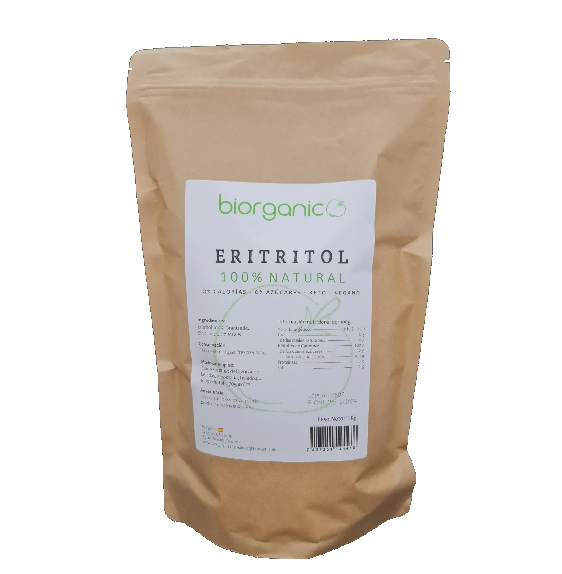 Natural 100% erythritol 5Kg. Offer Pack. KETO. Vegan. Without MGOs. Granulated sweetener zero calories. Biorganic, Spanish brand.