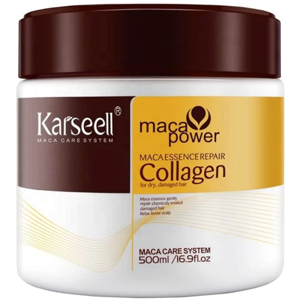 KARSEELL  Mascarilla Capilar, Mascarilla de Pelo para una Reparación Profunda. Evita el Encrespamiento y aporta Suavidad y Brillo. Con Colágeno, Ácido Hialurónico, Esencia de Maca y Aceite de Argán. Para Cabellos Secos y Dañados 500 ml.