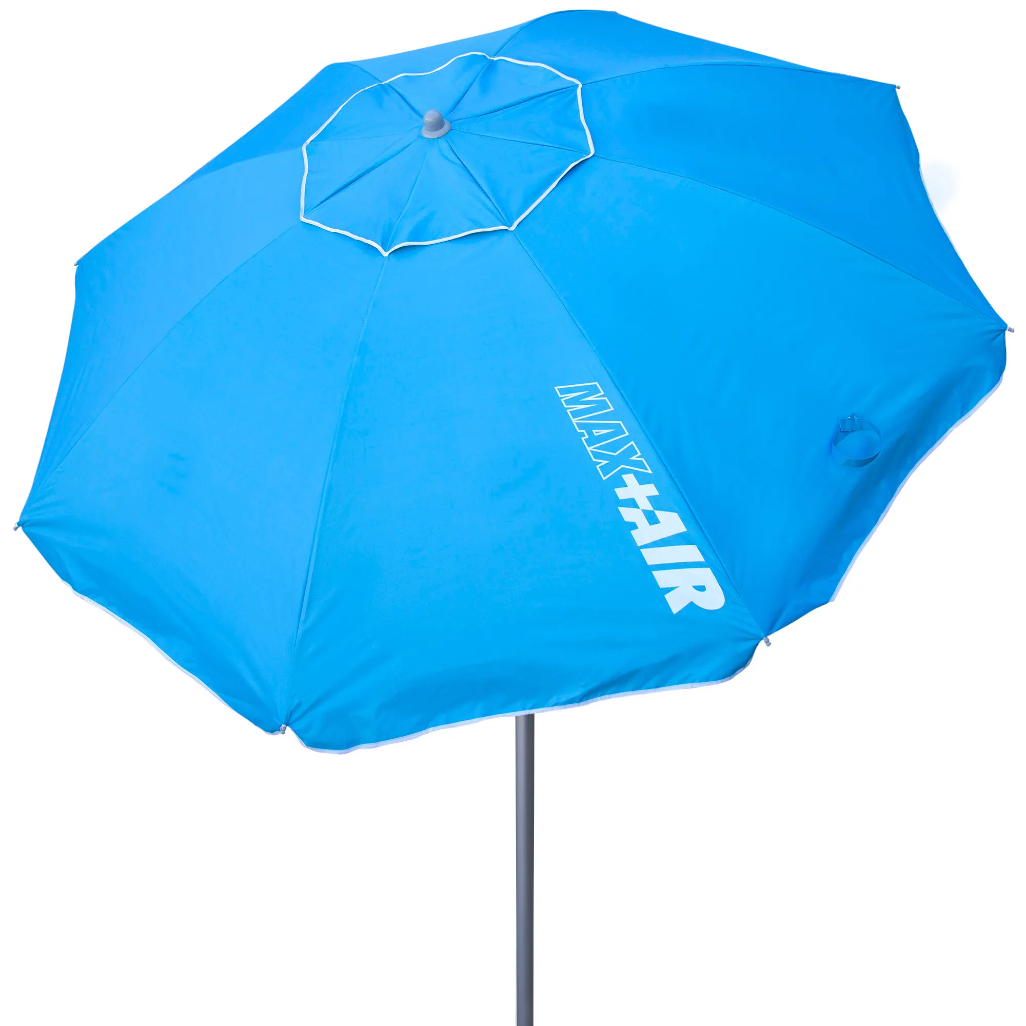 Aktive - Sombrilla playa antiviento.180 cm, 200 cm o 220 cm, Max Air, azul, forma octogonal, poliéster con protección UV50 y revestimiento plateado, 8 varillas fibra de vidrio, mástil inclinable Ø28/32 mm, incluye funda con asa, con ventilación superior