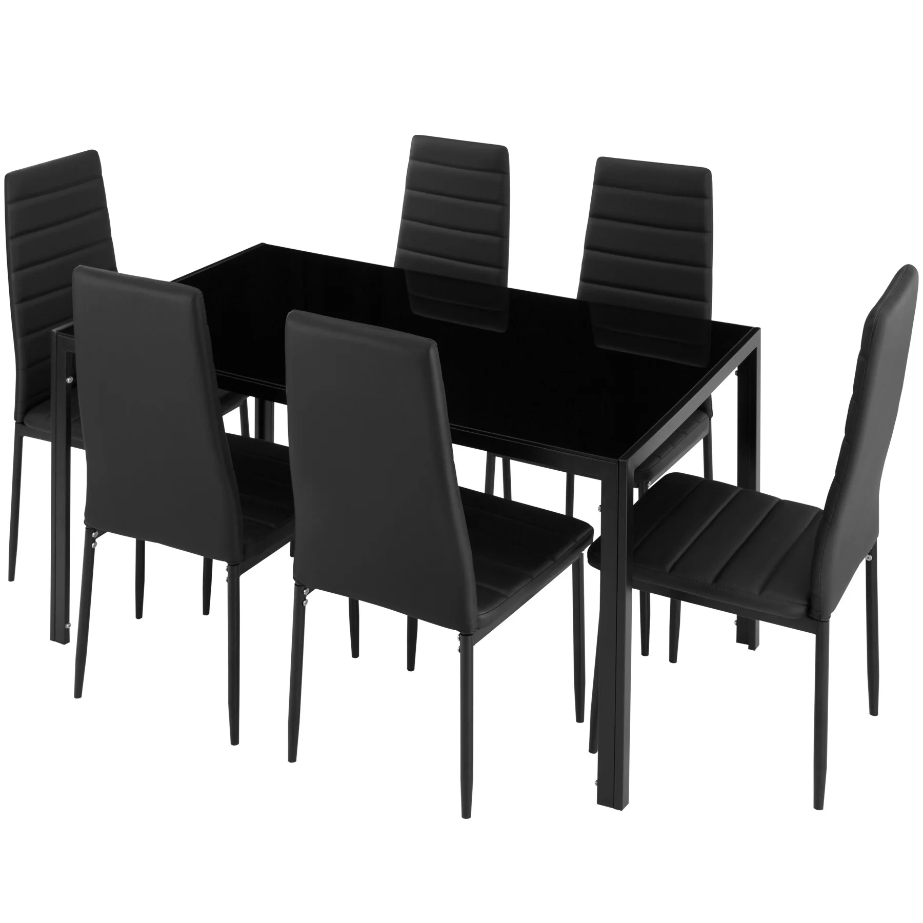 Tectake - brandenburg dining table and 6 chairs set, padded with very resistant synthetic leather cover, robust table top, made of safety glass, stable steel, plastic protectors on the legs to protect the floor from scratches