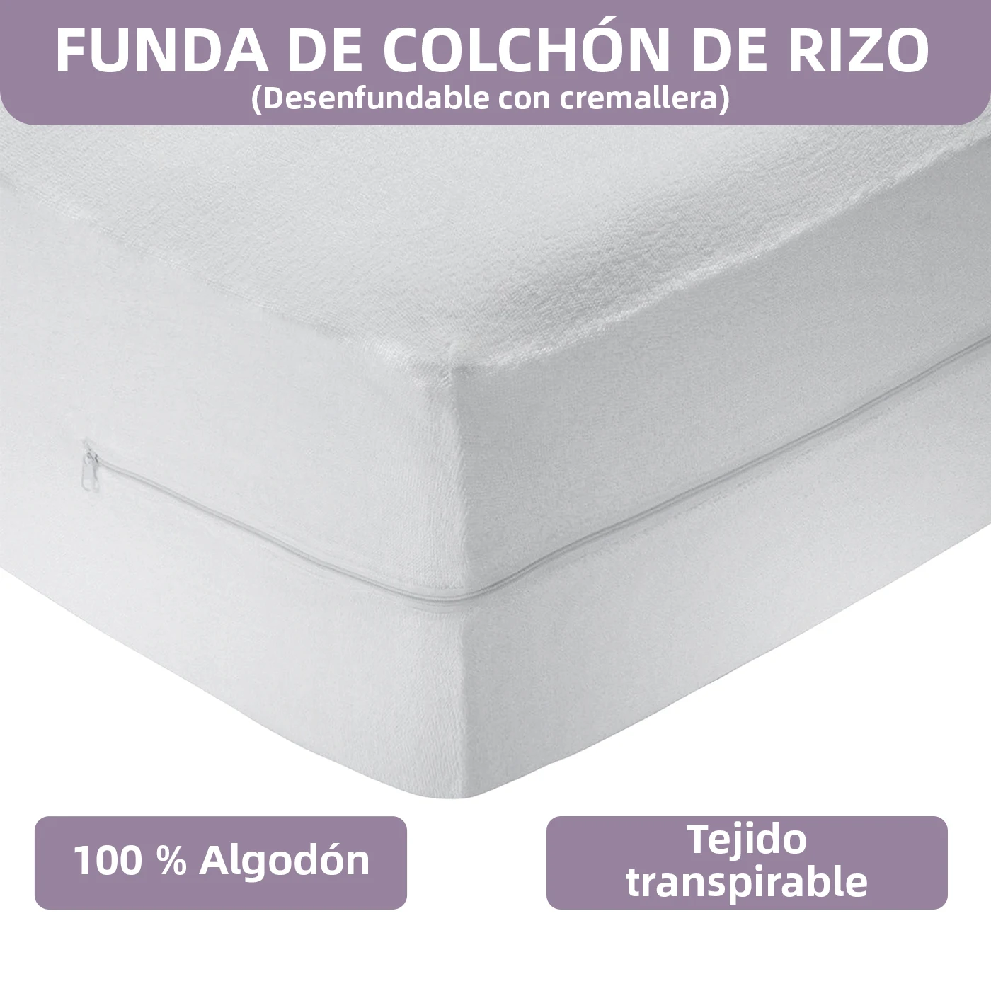 Funda de colchón rizo100% Algodón, Elástica, Transpirable, Cremallera en Forma de L, Tratamiento antialérgico con Cremallera. Se Adapta a  Todas Las Alturas.