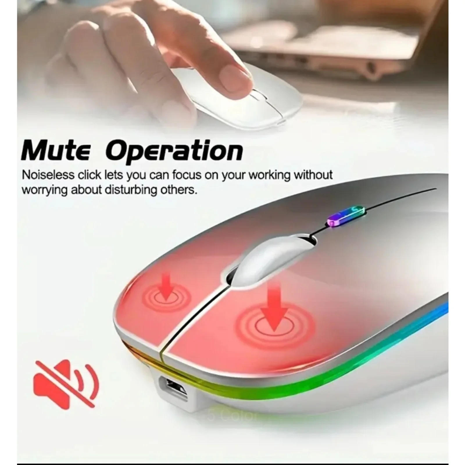 Wireless mouse with Bluetooth connectivity, rechargeable design, and 2.4 GHz USB receiver, featuring a modern ultra-thin build, 1600 DPI sensitivity, and 6 buttons, ideal for gaming and compatible with PC, laptop, and MacBook.