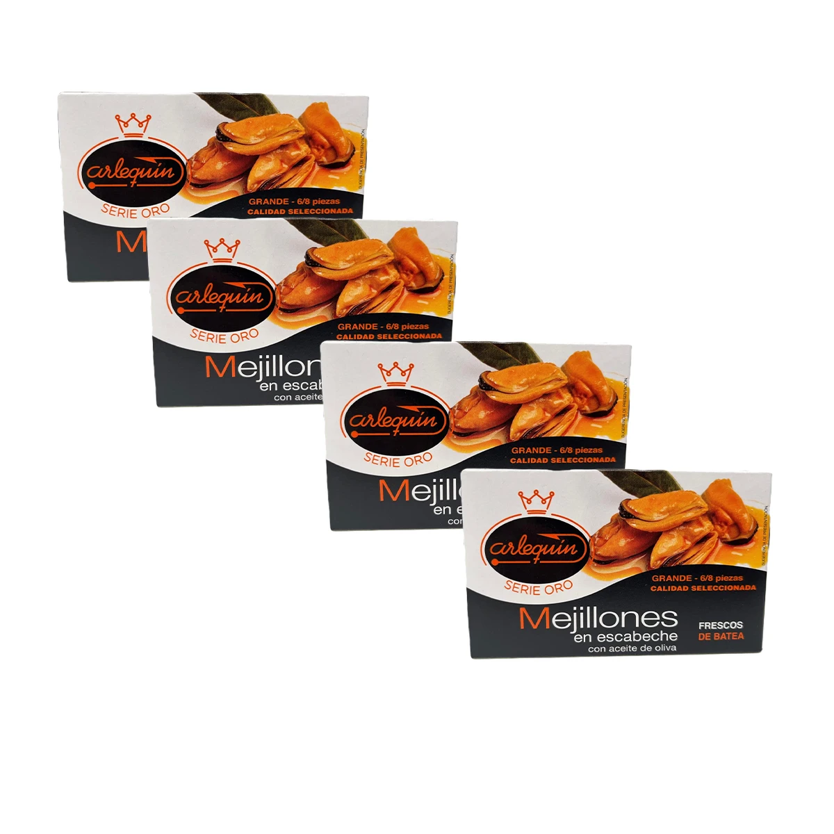 ARLEQUIN Serie Oro Mejillón en  Escabeche, Pack de 4 Latas de 120 grs. y 6/8 Unds (480 grs. y 24/32 Unds)