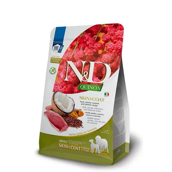 FARMINA N&D DOG QUINOA SKIN COAT PATO MED/MAXI 7KG / alimento dietético completo para perros destinado a reducir las intolerancias a ingredientes y nutrientes.