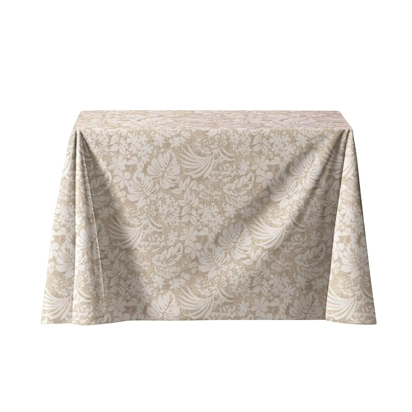 LaFábricadelasTelas - Falda Mesa Camilla Rectangular y redonda  Loneta estampada flores y hojas algodón color beige . Faldón Faldilla enagüilla.