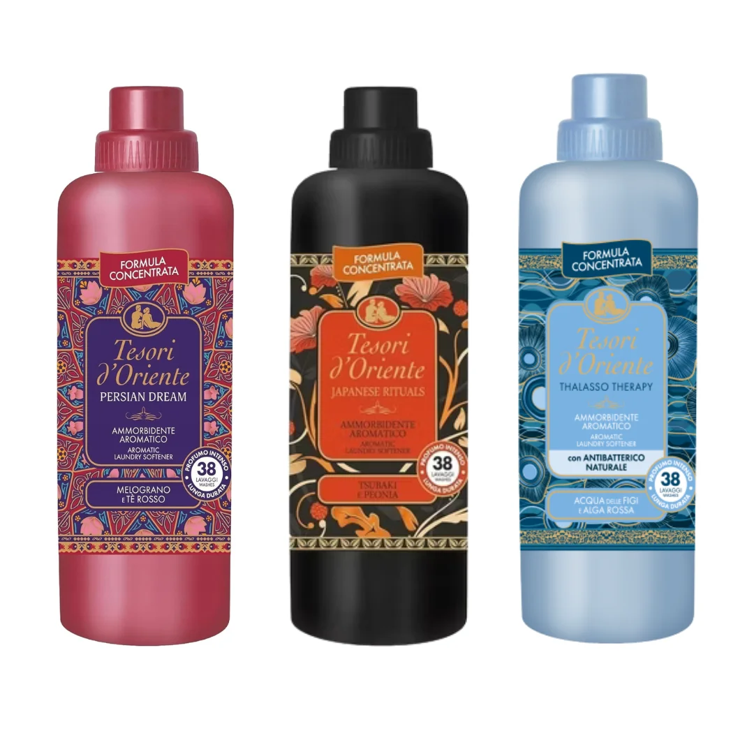 Tesori d'oriente suavizantes orientales para la ropa pack de 3. Rosa Negra y Ládano, Aceite de argán y flor de naranja, Tsubaki y Peony japonés, GRANADA y TÉ ROJO, Agua de Fiji y algas rojas. Aromas orientales, aromas arabes, ropa suave y esponjosa