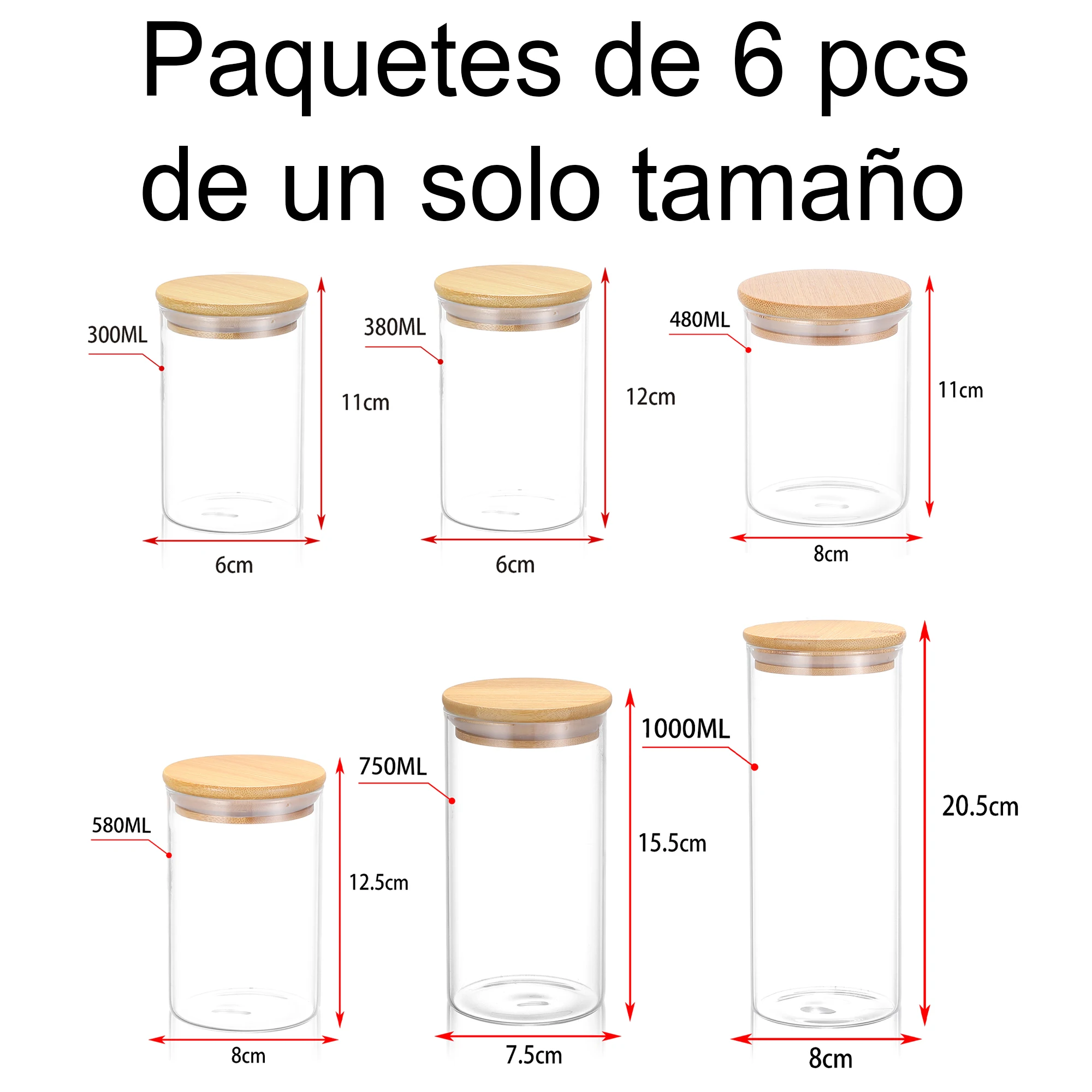 Set of 6 Borosilicate glass storage jars with bamboo lid and silicone seal-available in 6 sizes (300ML, 380ML, 480ML, 580ML, 750ML, 1000ML)