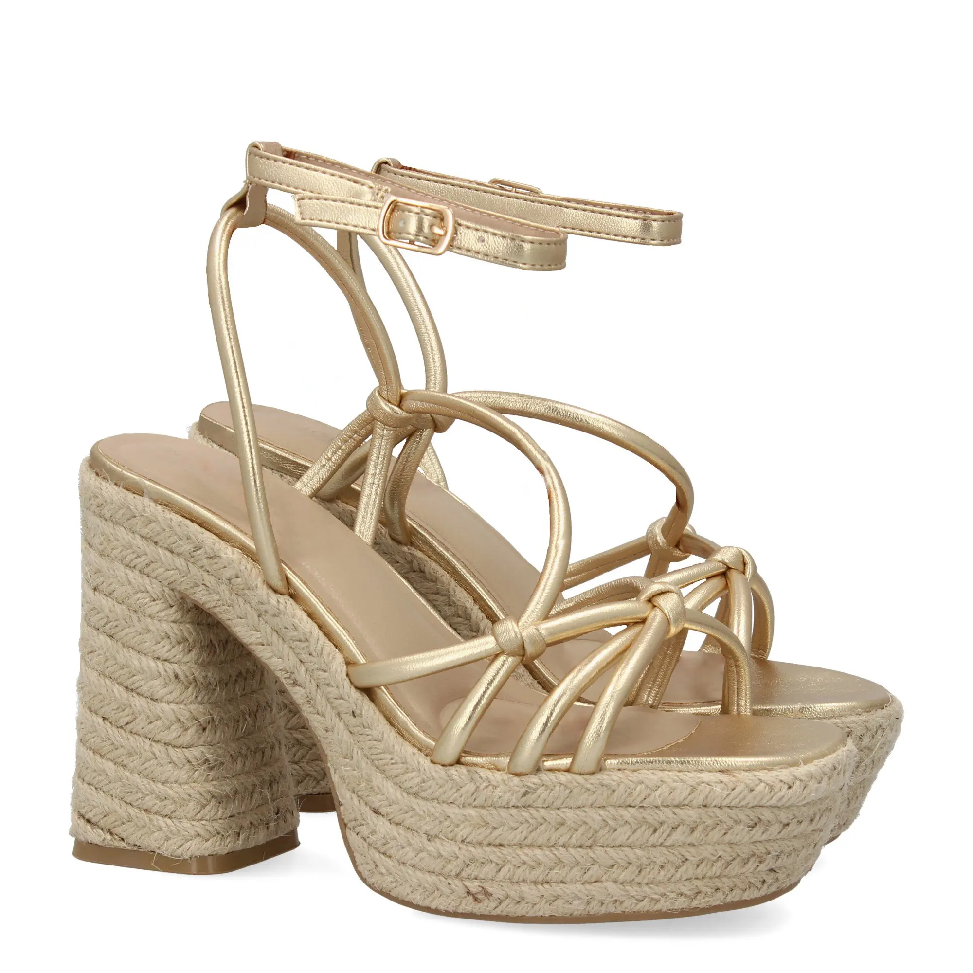 PuntoSalao Sandalias doradas de tacón y plataforma en yute para mujer CF-5080