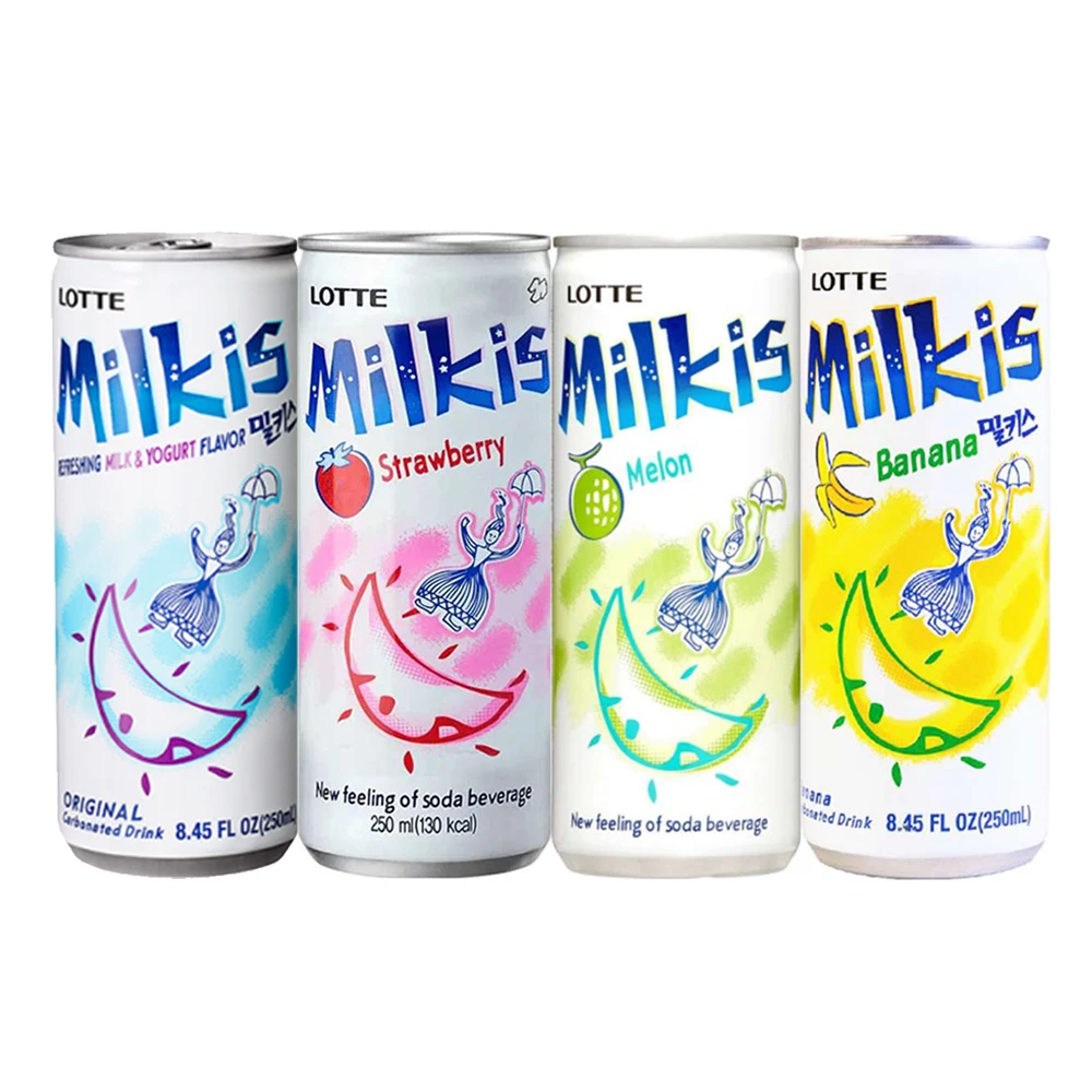 Bebida lotte Corano Milkis sabor original, banana, melon, fresa, 4packs,