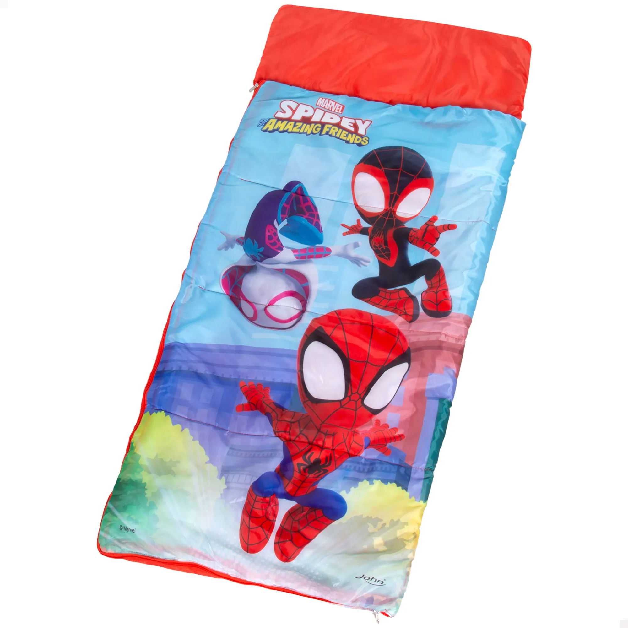 Spidey - Saco de dormir niños, 140x60 cm, Spidey, Miles Morales, Ghost-Spider, licencia oficial Marvel, incluye bolsa transporte con cordón, material ligero y suave, acampada niños, sacos de dormir