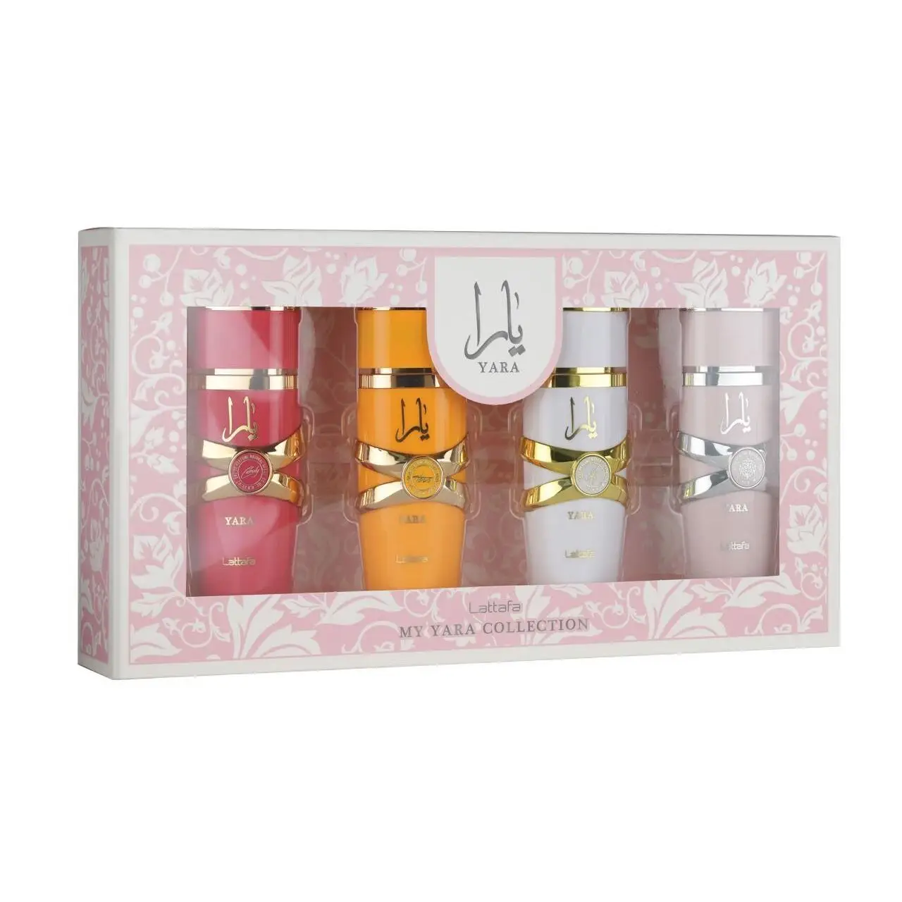 Confezione da 4 profumi My Yara Lattafa, set regalo (4 x 25 ml). della collezione Yara nei colori femminili. YaraRosa, Yara Candy, Yara Moi e la latta