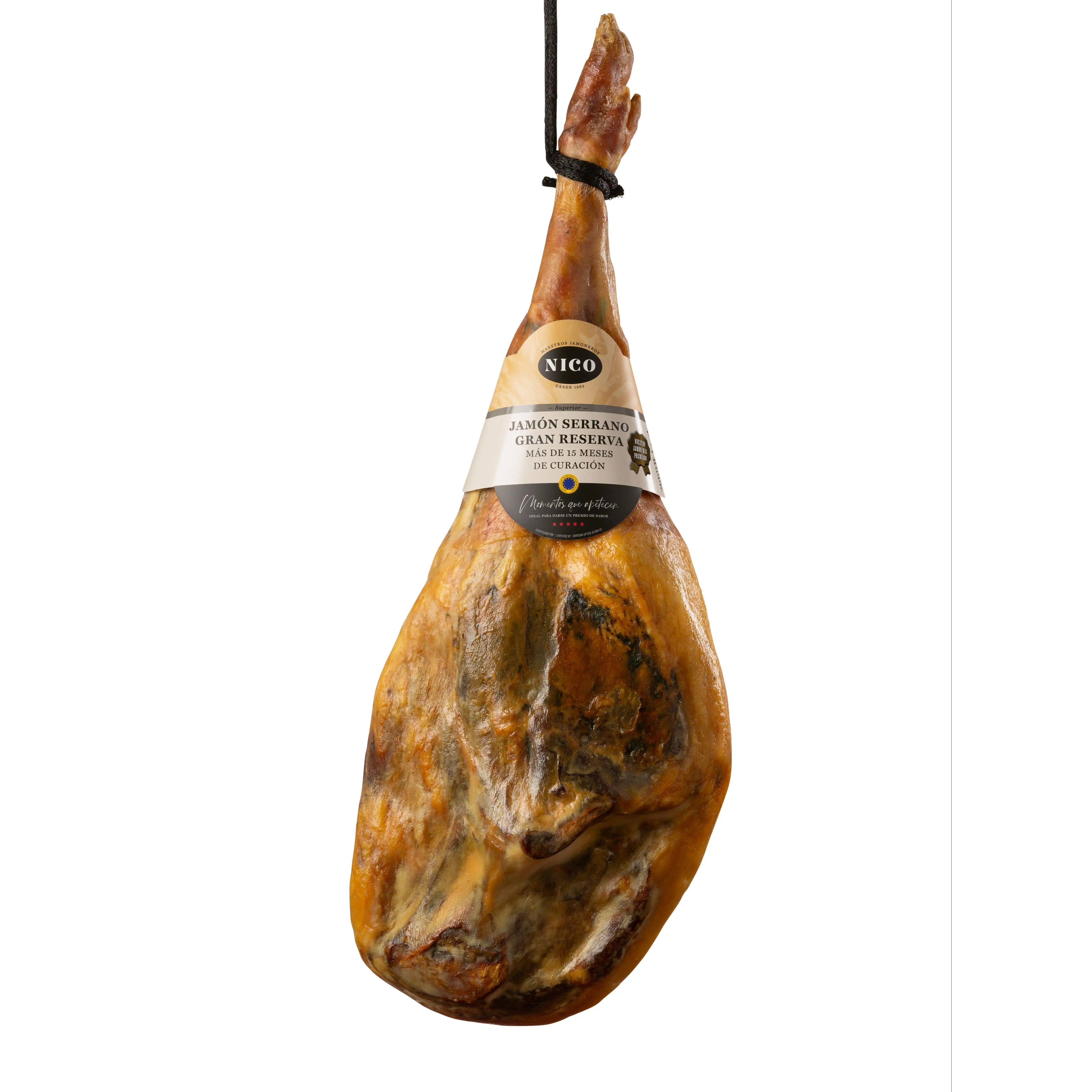 Nico Jamones LOTE- PACK JAMÓN SERRANO GRAN RESERVA NICO + Jamonero Deluxe + Cuchillo Aprox 6,5/7,5kg - Premio Alimentos de España 2016