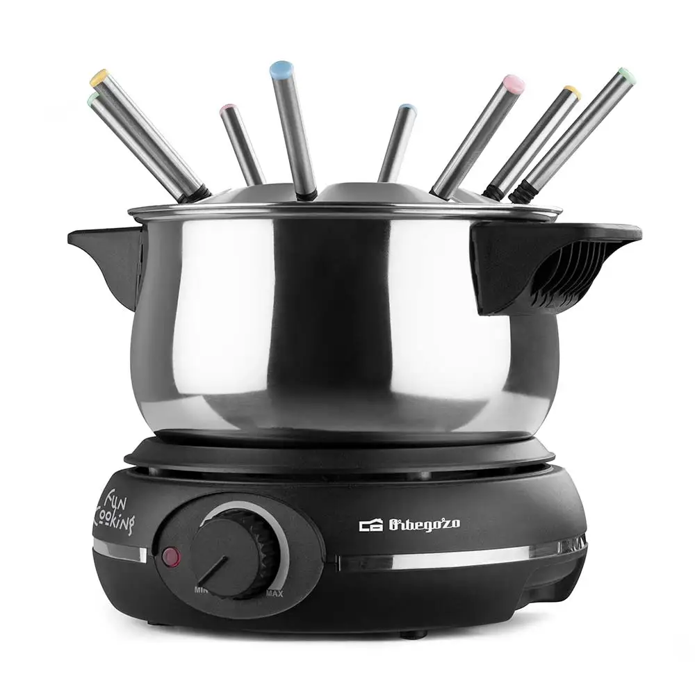 Orbegozo FDR 14 Fondue Eléctrica, 1,4 Litros, Olla Extraíble Inox, Regulador de Temperatura, Tapa Antisalpicaduras, 8 Tenedores, Uso Versátil, 1500 W
