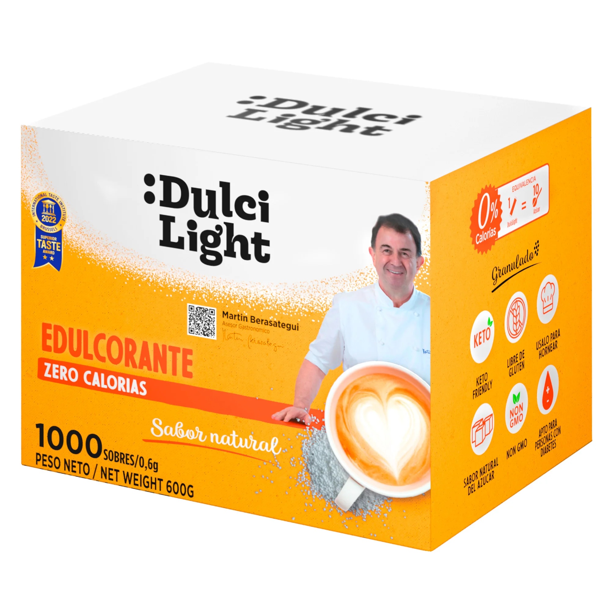 Dulcilight Edulcorante Sucralosa Zero caja de 1000 Sobres  Sabor Natural  Granulado con Fibra Vegetal  keto 1 sobre 0,6g = 2 cdas de azúcar No OMG  edulcorante sobres, no cambia el sabor de los alimentos