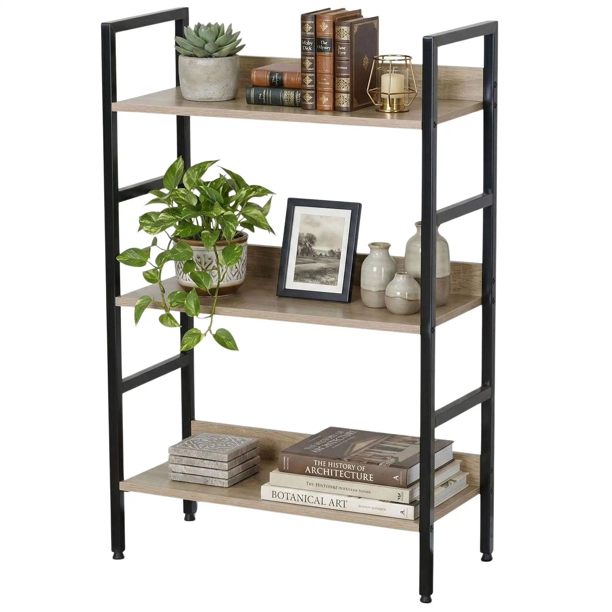 Miroytengo Estantería Baja de Salón, Librería Altura Pequeña Rubi Roble Cambrian y Negro con 3 Estantes 60x93x28 cm
