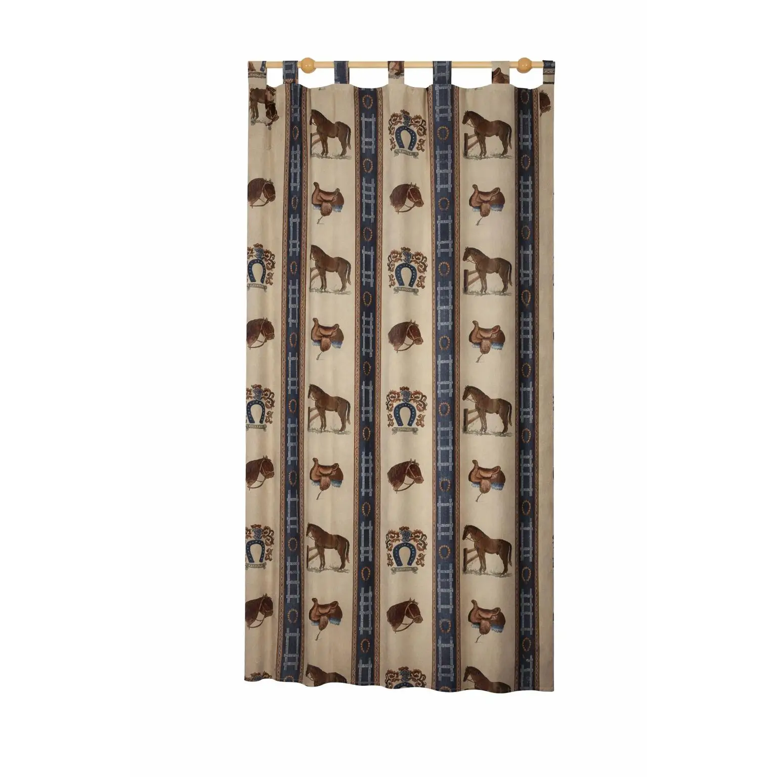 VALENTIA HOME Cortina Alpujarra Herradura Azul 140x260 cm | Trabillas | Apta para Interior y Exterior | Estilo Rústico Andaluz, Tema Ecuestre
