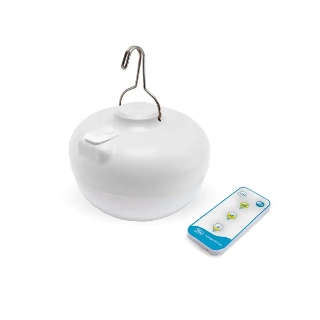 Bombilla led recargable sin cables Newgarden Cherry blanca, con 9W de potencia de luz cálida, mando, 3 intensidades de luz, gancho para colgar y puerto USB para cargarla