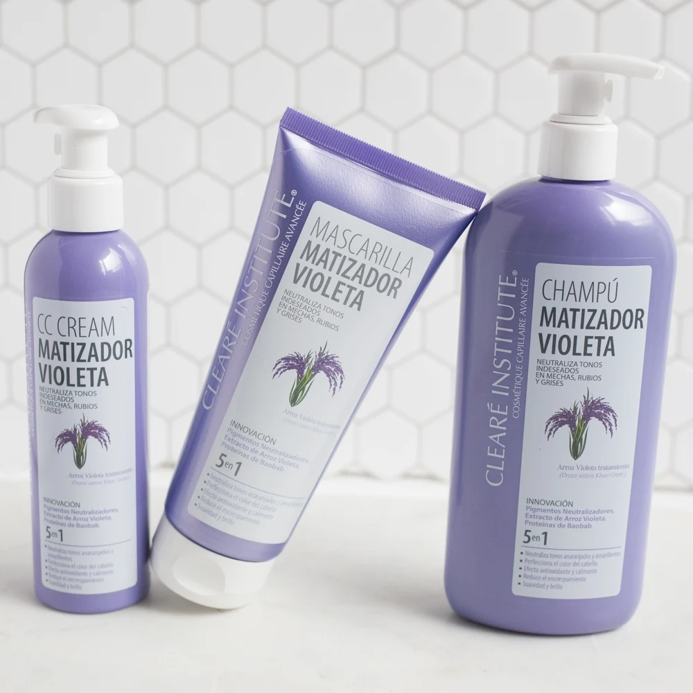 Clearé Institute Violet Toning Mask 5 in 1, 200 ml for blonde, highlighted, or gray hair, neutralizes unwanted orange tones, revitalizes with 98% natural ingredients, enhances shine, and reduces frizz for smooth, beautiful hair.