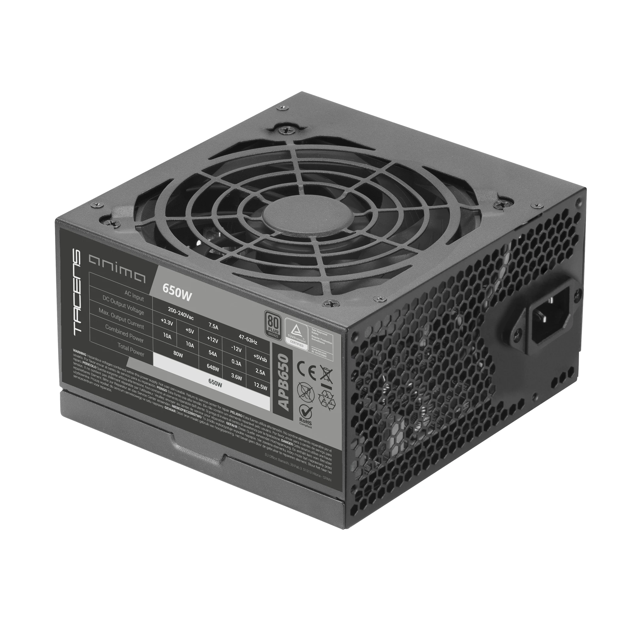 Tacens Anima APB650, Fuente Alimentación PC ATX 650W, Certificado 80Plus Bronze, 85% Eficiencia, Tecnologías SMD y DC-DC, Ventilador Ultra-silencioso 12cm, Cables Planos Extralargos, Fuente PC 650W