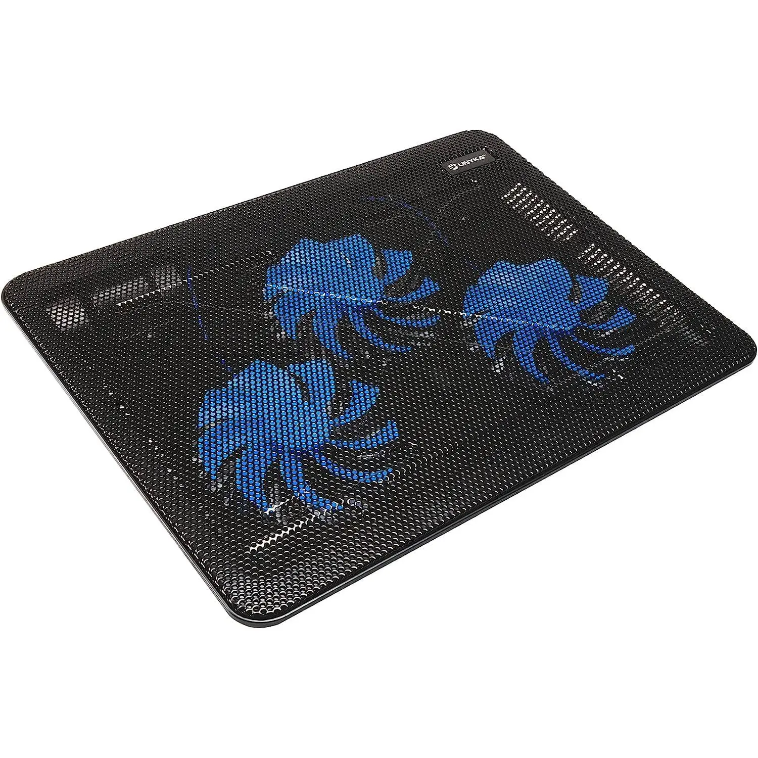 UNYKAch Base Refrigeración Portátil 15″6 Candy C300 con Tres Ventiladores LED Azules. Pies Plegables para Elevar La Superficie y 2 Puertos USB. Superficie de Rejilla Metálica