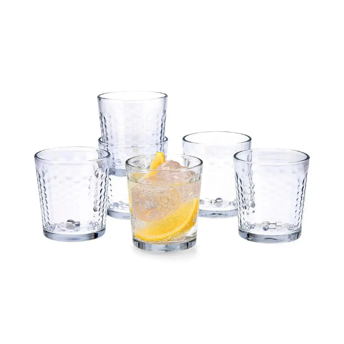 QUID GALA 2 Set 6 Low Glass 26CL Clear Embossed Easy to Clean, Eco-Friendly, Healthy 100% Material, Hygienic 100%, Non-Porous, Long-lasting Refrigerated set 12 Clear Glass Embossed Glass