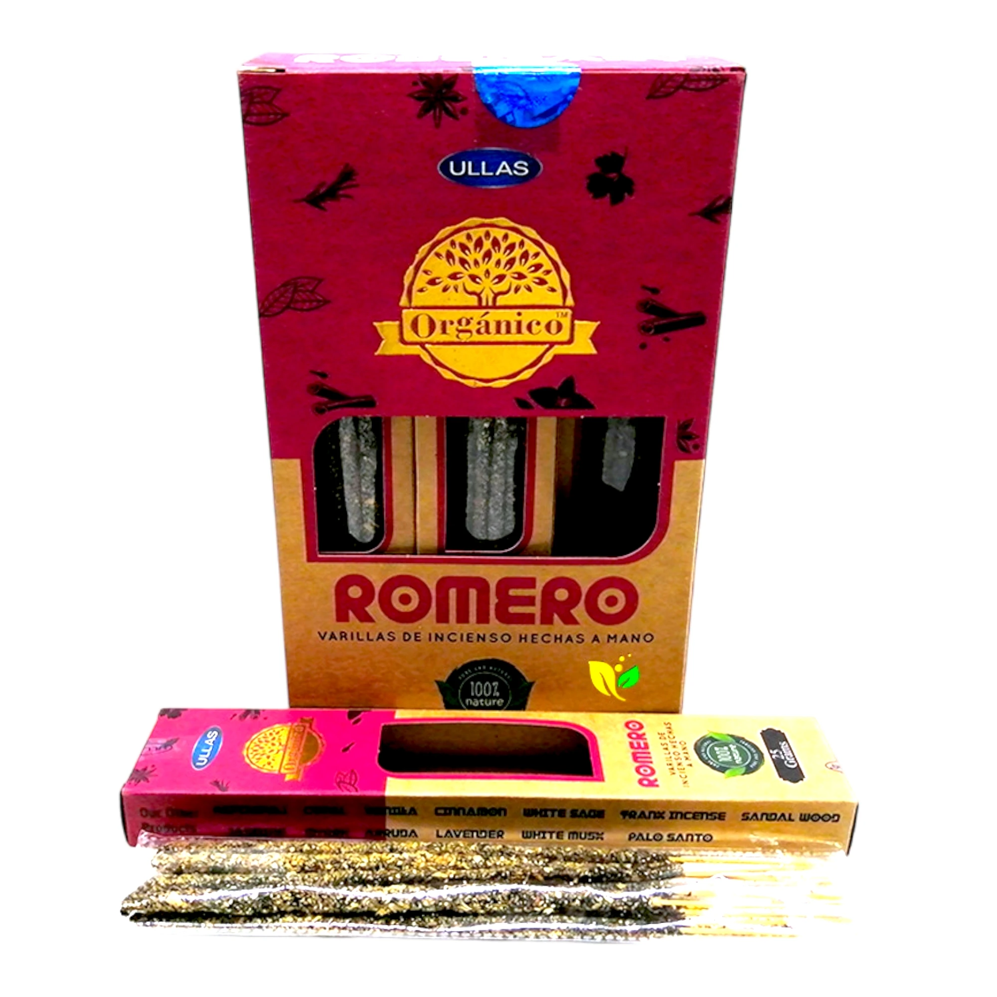 Incienso Orgánico Romero Ullas Hechos a Mano sin Mano de Obra Infantil y con Aceites Naturales, 12 Cajitas de 25g c/u.