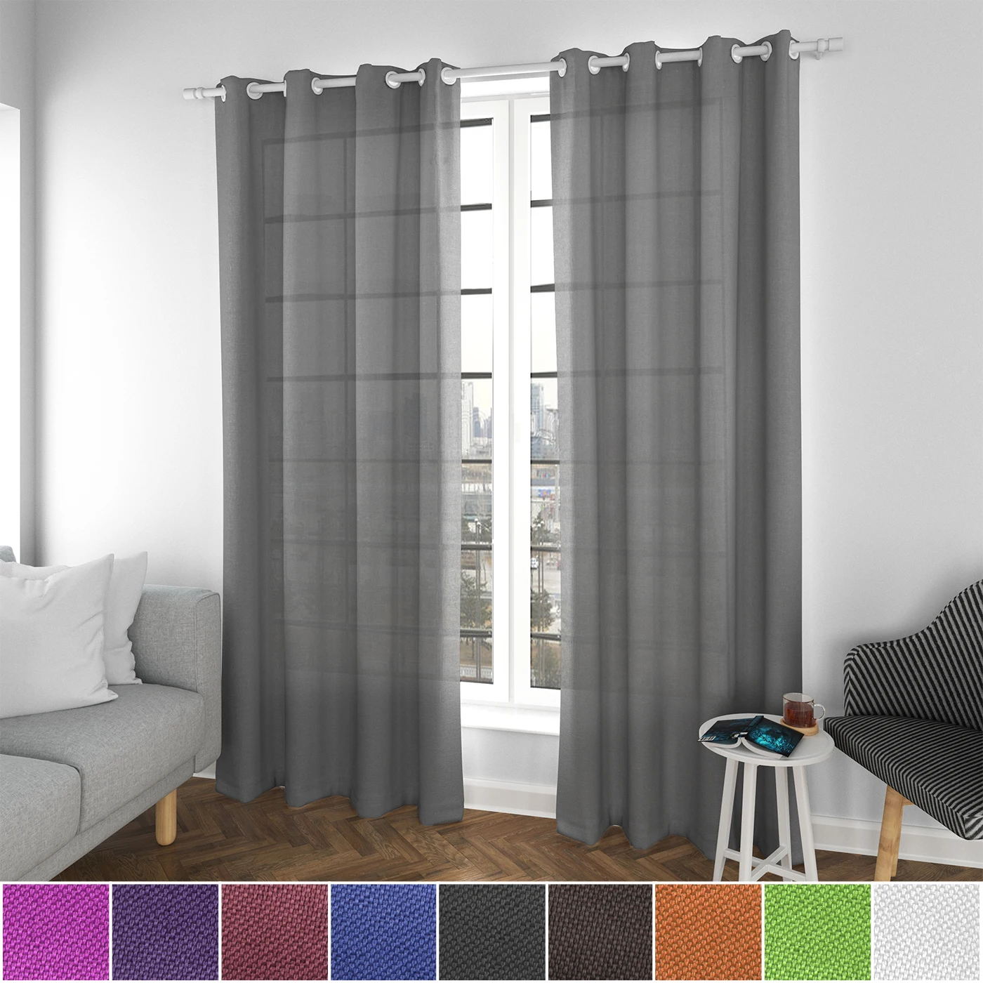 Translucent curtains, curtains for modern living room 140x260cm. Elegant and modern, 2 pieces with silver eyelets. Ideal for bedroom, dining room, living room, kitchen