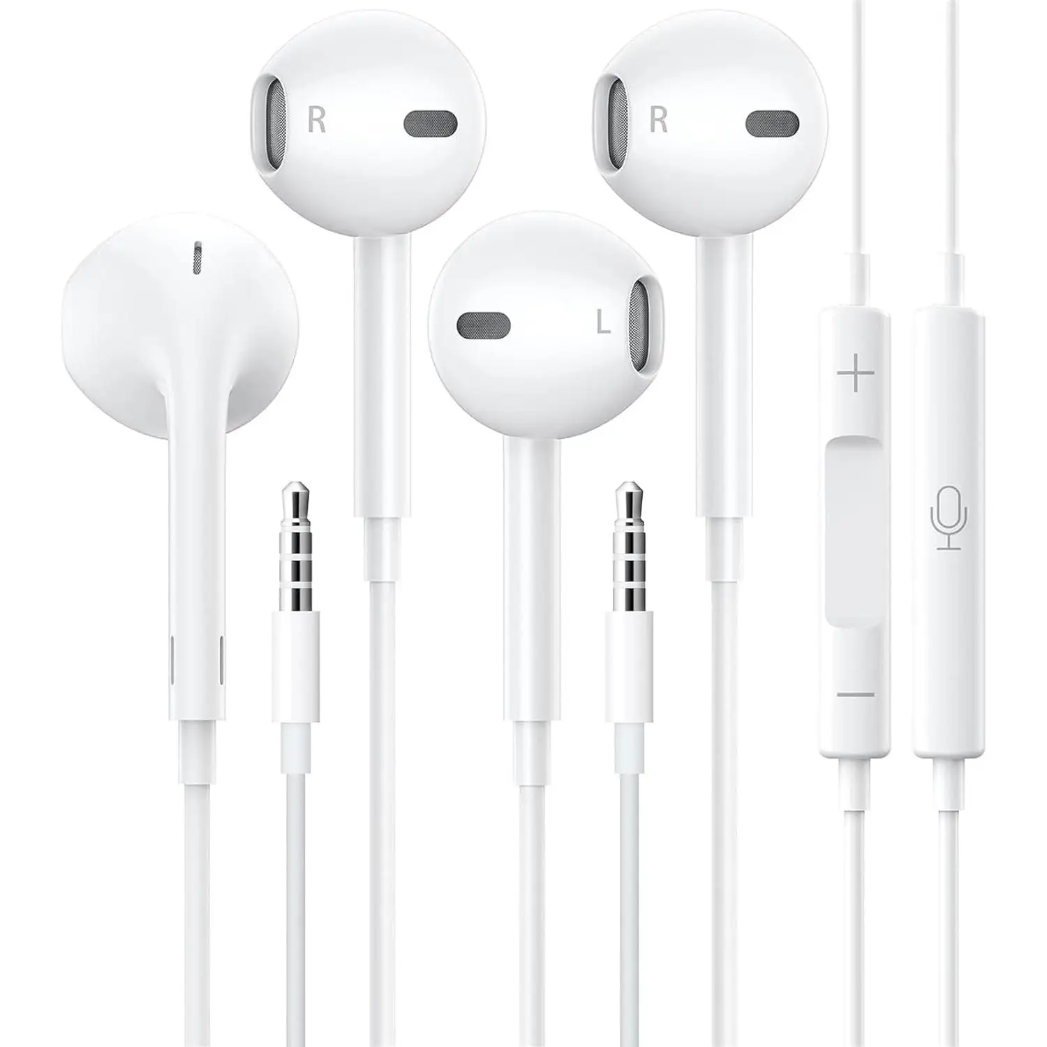 TEMCO Pack de 2 Auriculares Ergonomico con Cable Estéreo con Aislamiento de Ruido Jack de 3,5 mm con Control de Volumen de Micrófono, 1,2m de Cable, Auriculares Intrauditivos para