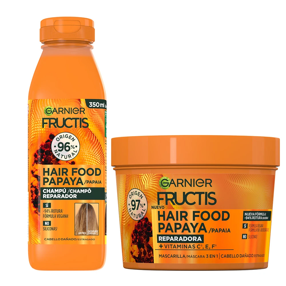 GARNIER Fructis Hair Food Papaya Sets de Champú, Acondicionador o Mascarilla 3 en 1 para Cabello Dañado