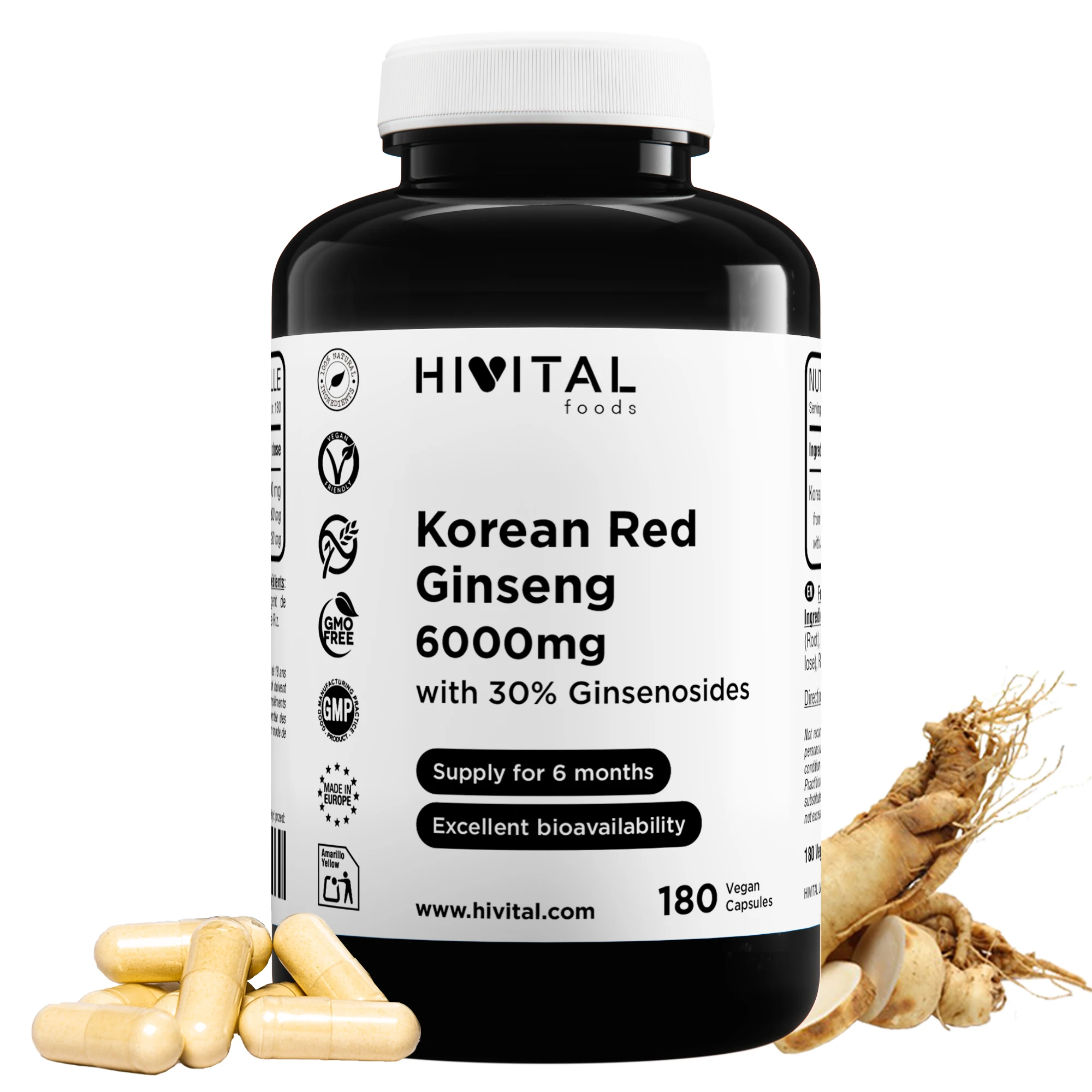 Ginseng Rojo Coreano 6000 mg | 180 cápsulas veganas. Hivital