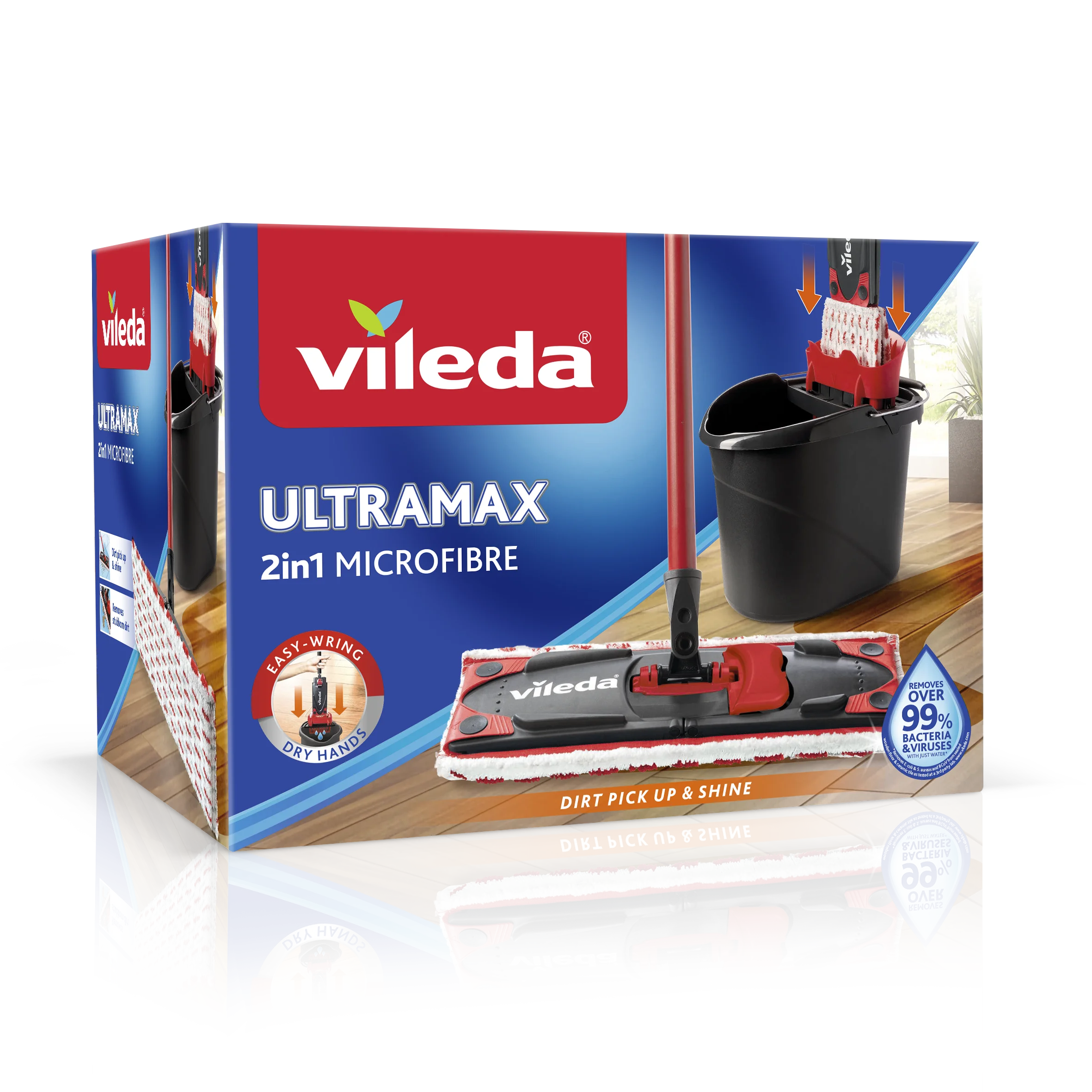 Vileda I Sistema Mopa Ultramax I Set completo de mopa con cubo escurridor I Limpieza en húmedo I Ideal para suelos de madera I Hecho de Microfibra para eliminar cualquier suciedad.