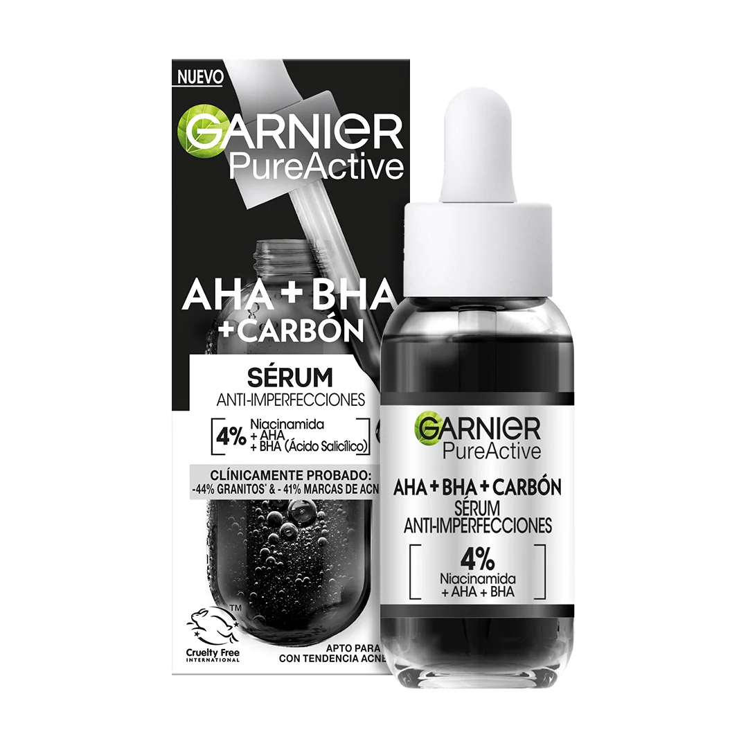 Garnier Serum Anti-Imperfecciones con 4% de Niacinamida, AHA y BHA Pure Active. -44% Granitos, clínicamente probado. *Resultados clínicos en 37 personas, aplicación dos veces al día durante 21 días -