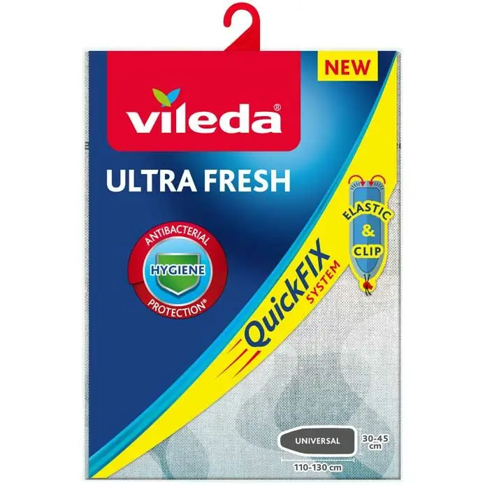 Vileda | Funda de planchar UltraFresh | Funda antibacterias con Piritionato de Zinc y Tiabendazol | Sistema QuickFix con bordes elásticos | 100% Algodón I  Medida universal de 130 x 45 cm.
