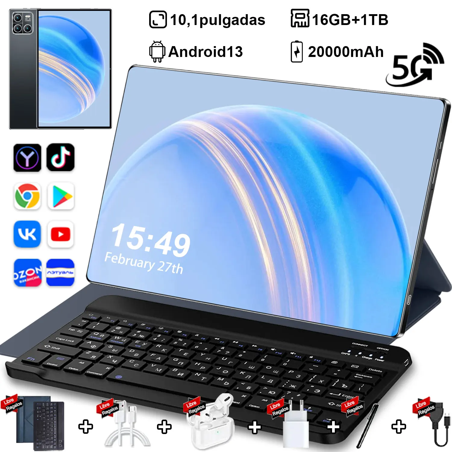 5G Tablet Android 13,0 Nueva tableta de 10,1 pulgadas 16GB Ram 1TB ROM tableta 5MP 13MP 20000mAh 14 WiFi tableta de Red Bluetooth