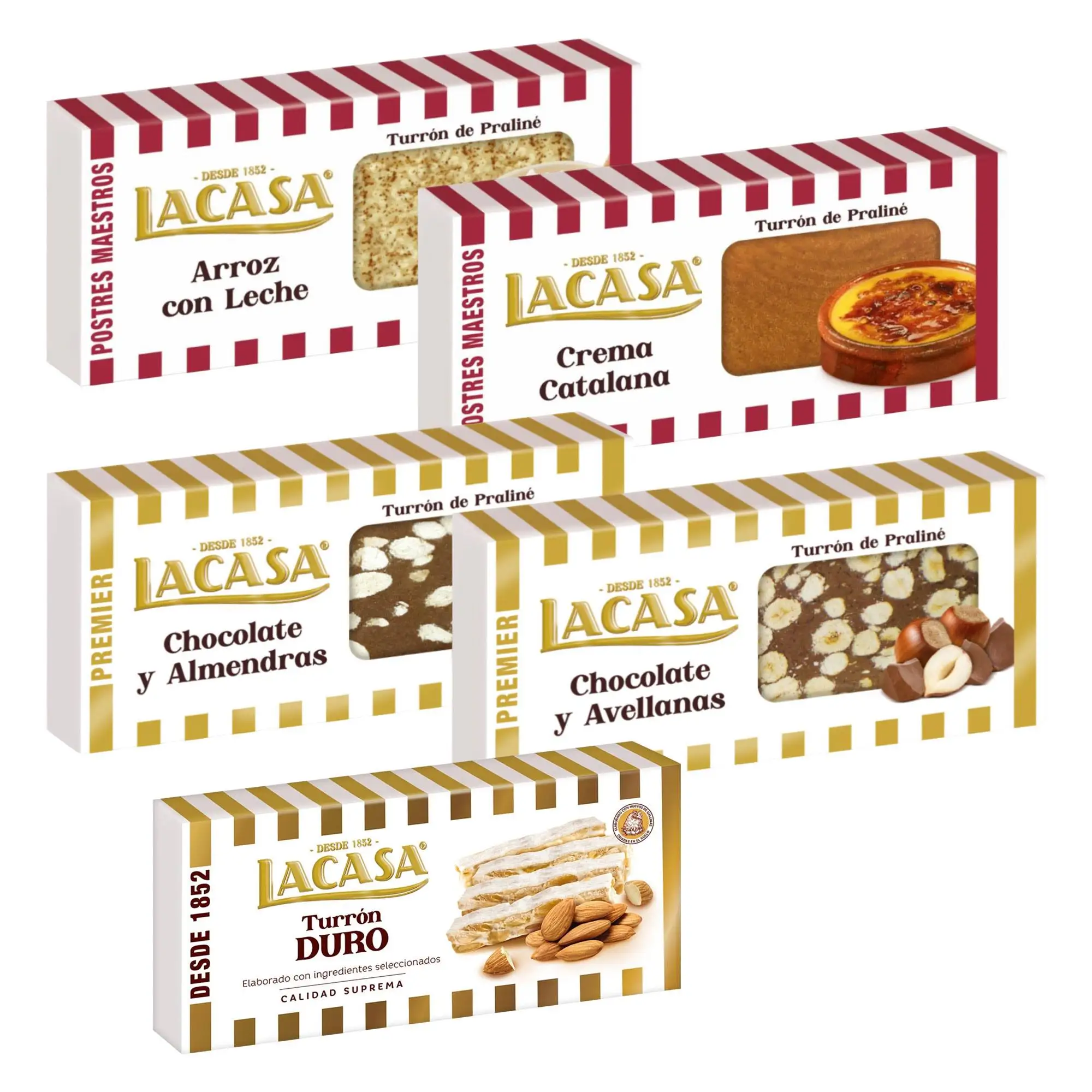 Turrones Lacasa: 5 tabletas de Turron variadas: Duro, Chocolate y almendras, Arroz con leche, Crema catalana y Chocolate y avellanas