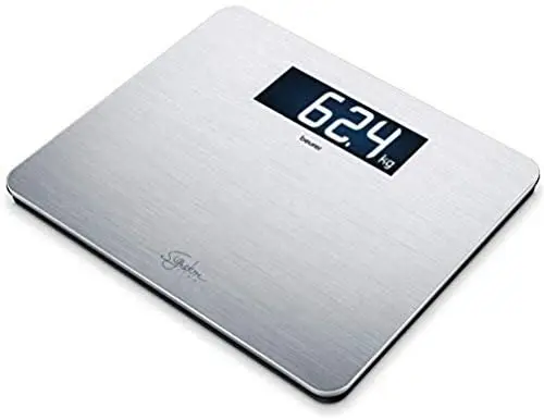 Beurer Báscula de acero inoxidable GS 405 Signature Line, báscula de cristal con superficie de acero inoxidable de alta calidad con revestimiento antihuellas, pantalla XXL iluminada para facilitar la lectura, capacidad de carga de 200 kg