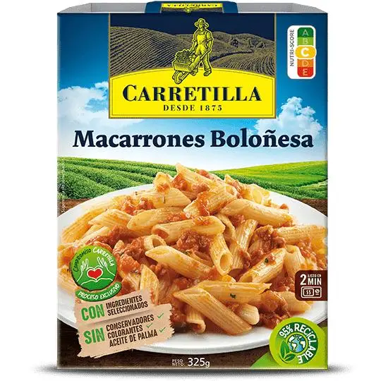 Wheelbarrow macaroni Bolognese 10 units of 325 g (ready dishes with selected ingredients, no preservatives, no coloring and no palm oil). Ready in two minutes.