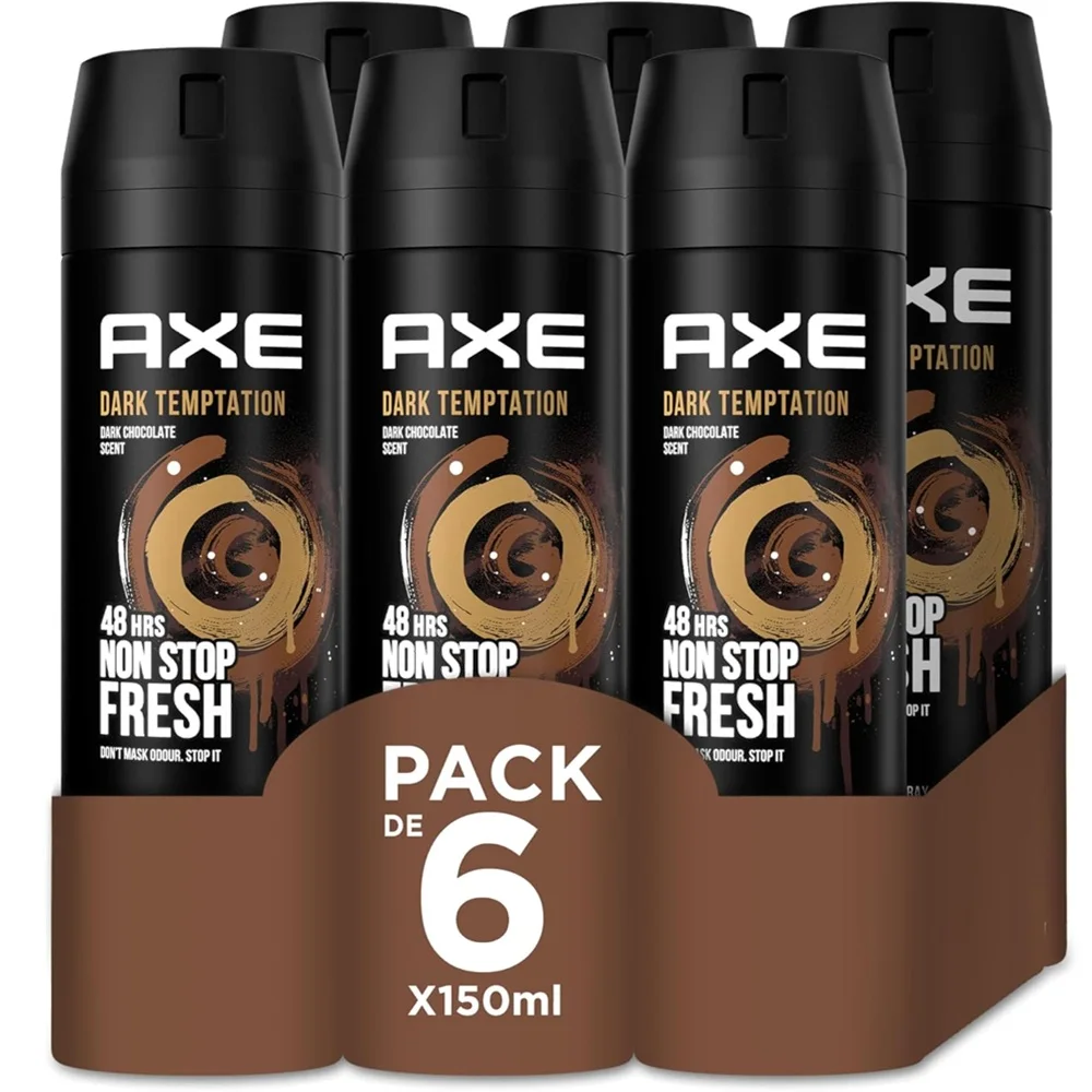 Axe Desodorante para Hombre Bodyspray Dark Temptation 150ml (Pack de 6) - Tecnologia Dual Action, Formula sin aluminio, Componente antiolor Zinc Complex 6, Huele irresistible a chocolate negro durante 48 horas