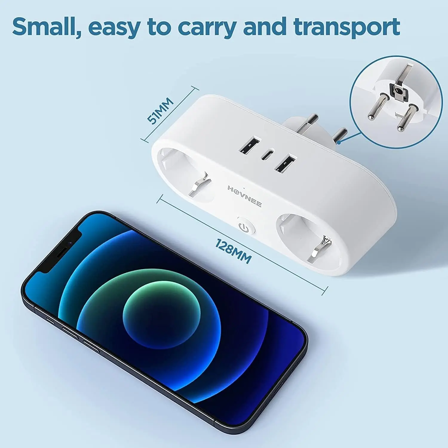 Plug adapter, with usb and usb c, socket thief with usb type c, 5 in 1 multiple usb plug with 3 usb (1 usb-c + 2 usb-a) and 2 schuko sockets, multiple wall plug with switch, suitable for home, office and travel, white