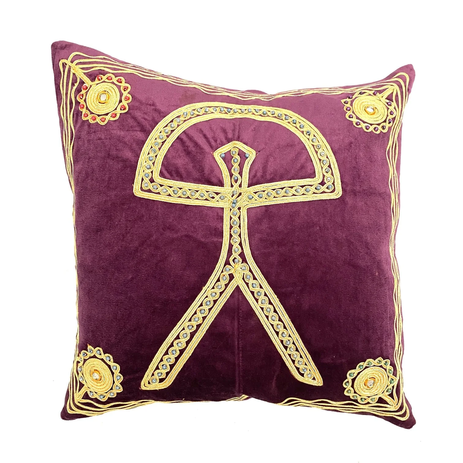 40*40cm Handcrafted Indalo Cushion Cover, Design with Gold Engravings and Various Color Floral Patterned