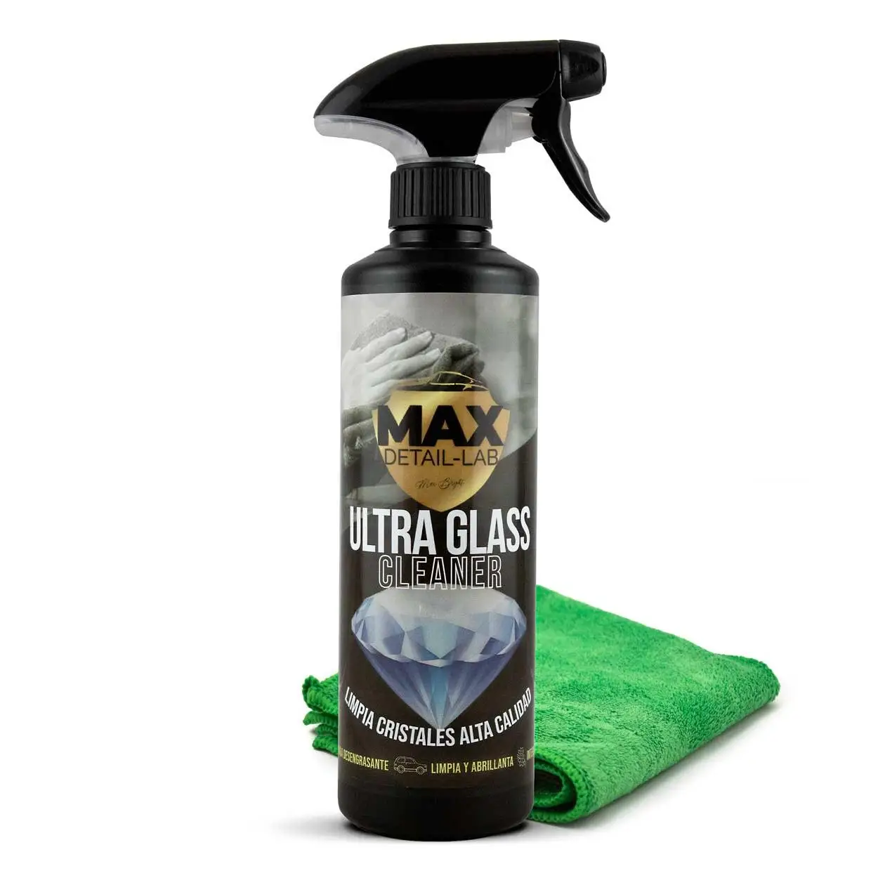 MAX DETAIL-LAB - Ultra Glass - Limpiacristales Coche Antivaho, Fórmula Desengrasante Limpia Cristales y Abrillanta, Repelente Agua Parabrisas Antilluvia, Kit Limpieza Detailing Car Profesional, 500ml
