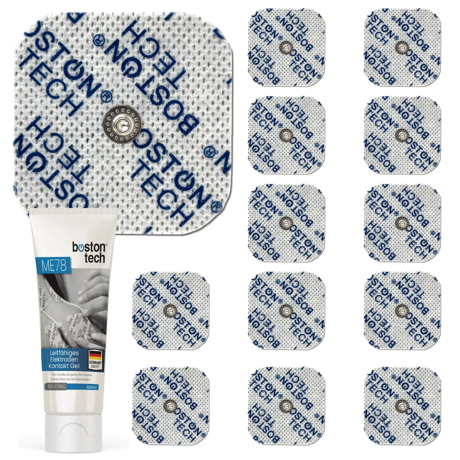 Boston Tech 12 Electrodos Gel de Regalo | Pads Compatibles Beurer, Vitacontrol | Electrodos para Electroestimulador TENS EMS con Conector botón 3,5mm + 5x5 cm | Reutilizables con Óptima Adherencia