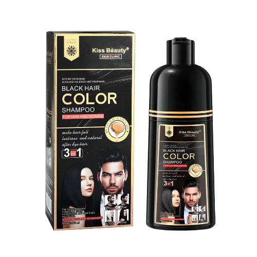 Champú de Color  Negro y Castaño Kiss Beauty 400ml – Cubre Canas en 8 Min | Con Aceite de Argán, Colágeno y Aloe Vera | Color Negro/Castaño Instantáneo 3 en 1