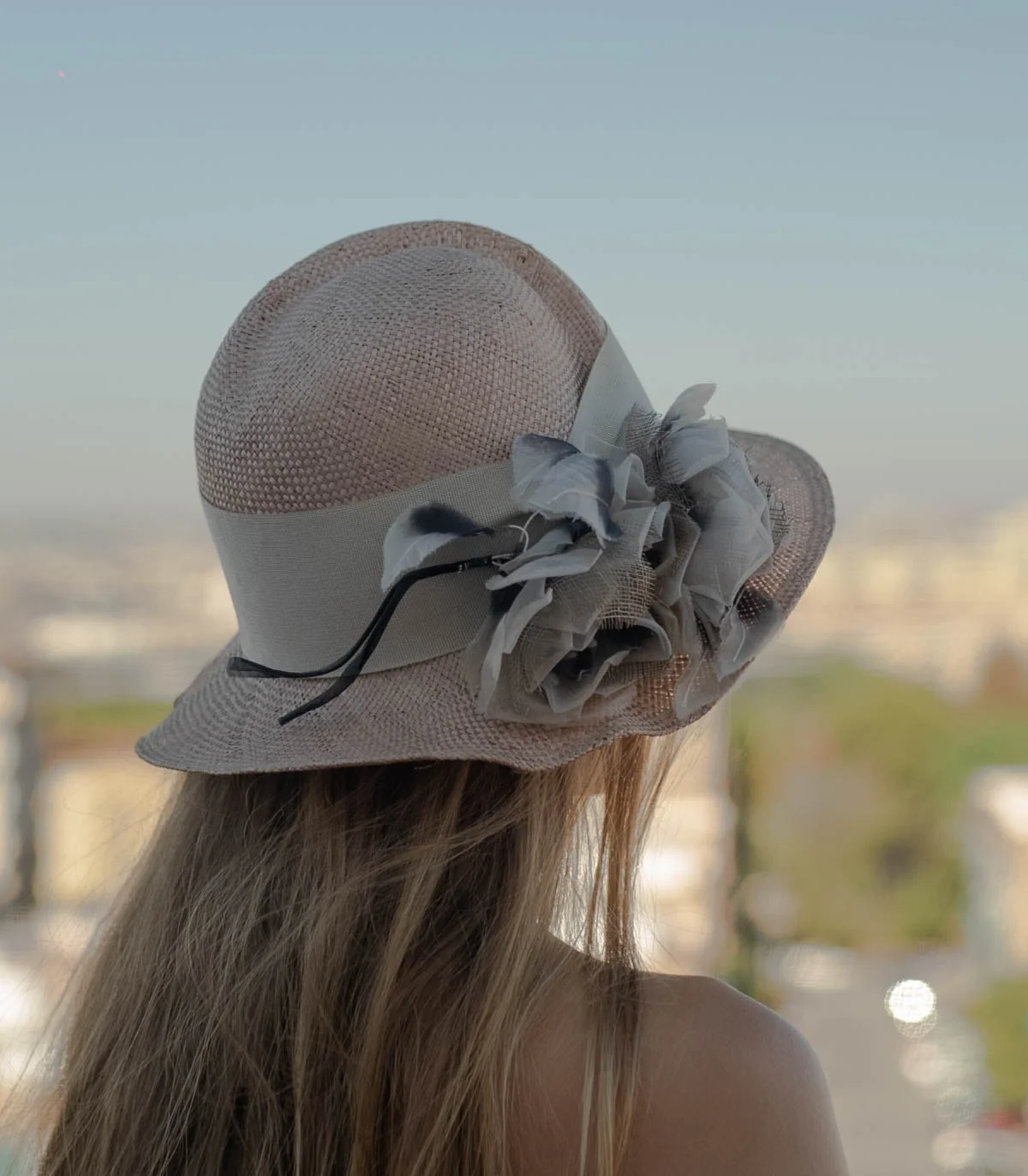 Hat woman wedding, pamela with gray flower